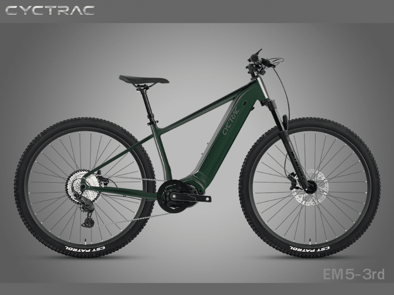 Cyctrac EM5-3rd hardtail electric mountain bike in dark forest green with integrated mid-drive motor, CST Patrol tires, and hydraulic disc brakes on gray background