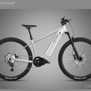 Cyctrac EM5-3rd hardtail electric mountain bike in pearl white with integrated mid-drive motor, CST Patrol tires, and hydraulic disc brakes on gray background