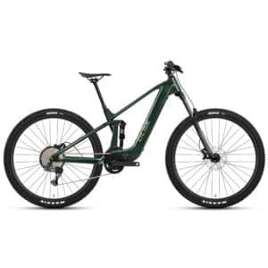 Side view of a dark green full‑suspension electric mountain bike with a mid‑drive motor, front suspension fork, rear shock absorber, disc brakes, and knobby Maxxis tires, shown against a plain light background.