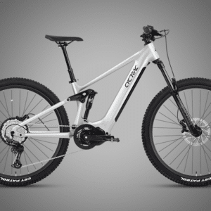 Side view of a white CYCTRIC full‑suspension electric mountain bike with a mid‑drive motor, front and rear suspension, disc brakes, and CST Patrol tires, displayed against a gray background.