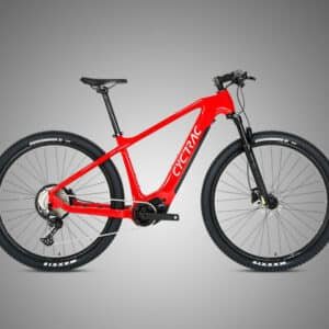 Side view of a bright red CYCTRIC hardtail electric mountain bike featuring a mid‑drive motor, front suspension fork, disc brakes, and Maxxis tires, displayed against a gray background.
