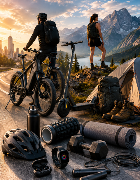 A comprehensive display of outdoor adventure and fitness equipment—including fat-tire e-bikes, an electric scooter, a helmet, a smart watch, and camping gear—set against a dual backdrop of an urban city skyline and a towering mountain landscape.