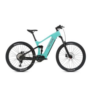 Cyctrac full-suspension electric mountain bike with integrated mid-drive motor, hydraulic disc brakes, and off-road tires